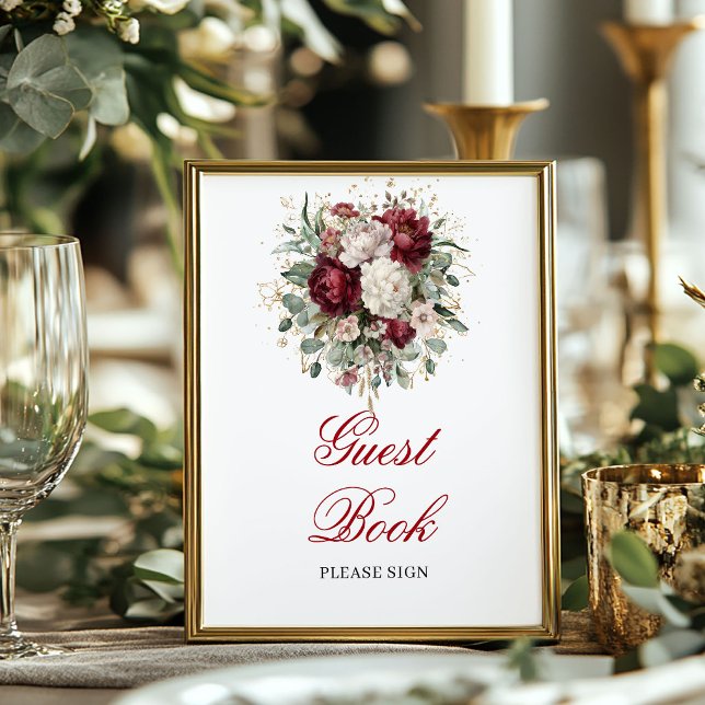 Tiefrotes Blush-Burgunder-Gästebuch-Schild Poster (Deep Red Blush Burgundy Guest Book Sign)