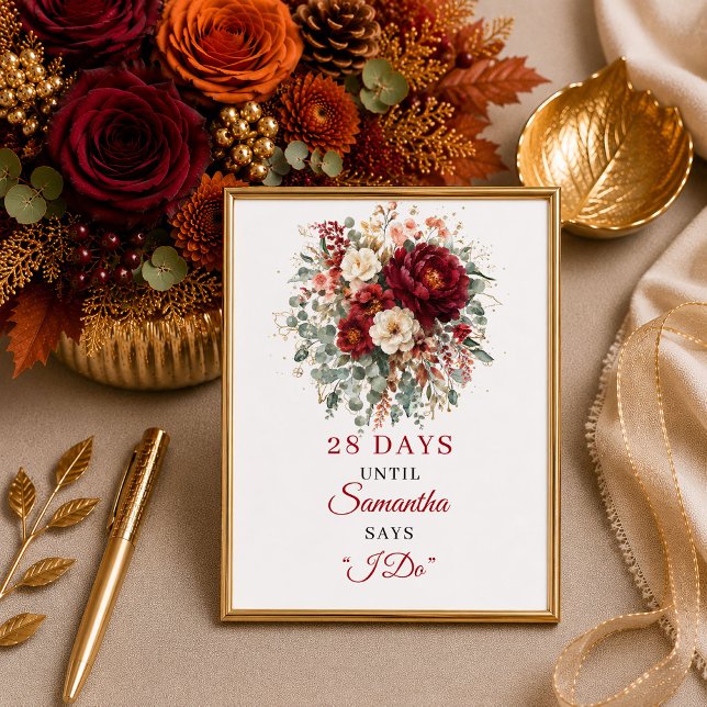 Tiefrotes Boho-Blumen-Hochzeitsdusche-Countdown-Sc Poster (Deep red boho floral bridal shower countdown sign

)