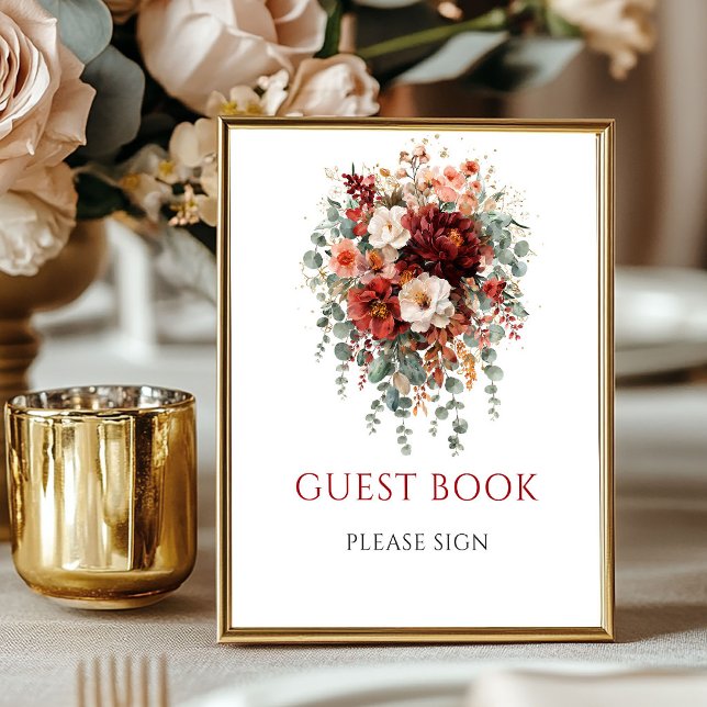 Tiefrotes Boho-Eukalyptus-Gästebuch-Tischplatte Poster (Deep Red Boho Eucalyptus Guest Book Tabletop

)