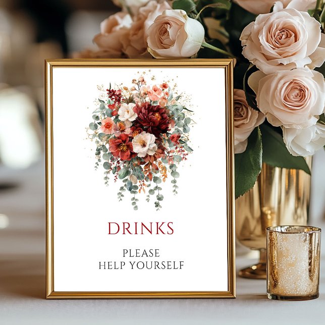 Tiefrotes Boho-Eukalyptus-Getränke-Tischschild Poster (Deep Red Boho Eucalyptus Drinks Tabletop Sign

)