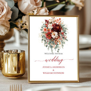 Tiefrotes Boho-Eukalyptus-Tisch-Willkommensschild Poster
