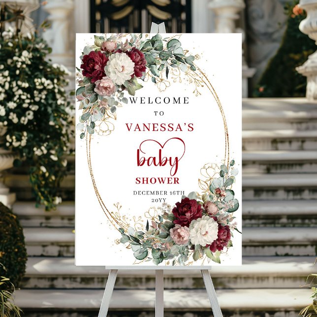 Tiefrotes Burgunder-Babyshower-Willkommensschild Poster (Deep Red Burgundy Baby Shower Welcome)