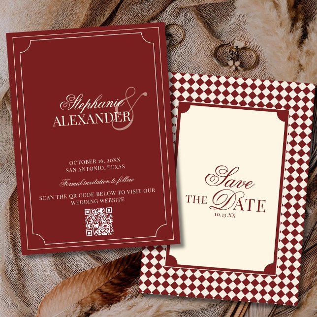 Tiefrotes Karo Old Money QR Code Hochzeit Save The Date (Von Creator hochgeladen)