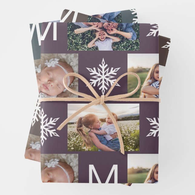 Tiefschneeflocken Monogramm-FotoCollage Geschenkpapier Set (Beispiel)