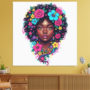 Tiefschwarze Frau mit hellen Blumen im Afro Leinwanddruck