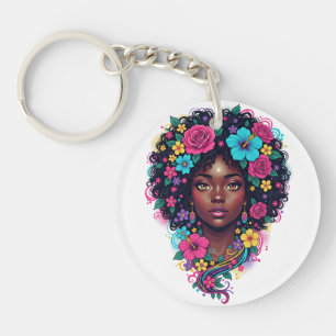 Tiefschwarze Frau mit hellen Blumen im Afro Schlüsselanhänger