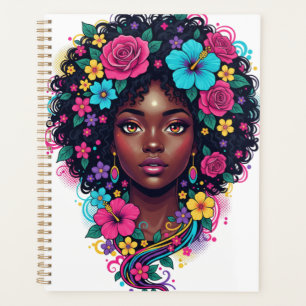 Tiefschwarze Frau mit leuchtender Blume im Afro Planer