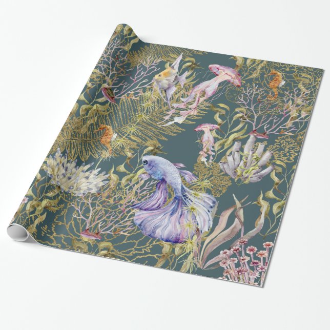 Tiefseegarnelen-Goldschimmer-Unterwasser-Korallenf Geschenkpapier (Ungerollt)