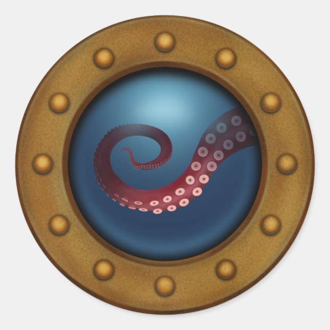 Tiefseeschiff Porthole Steampunk Octopus Runder Aufkleber (Vorderseite)