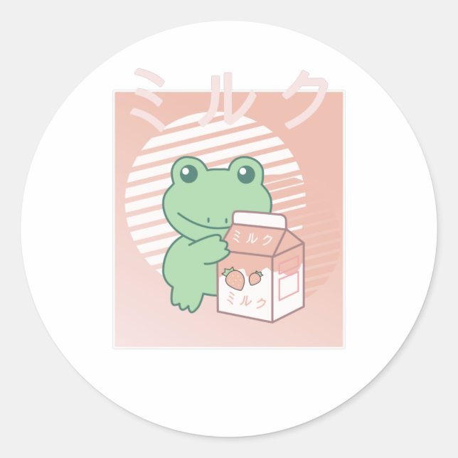 Tieftonästhetischer Frosch Kawaii Erdbeermilch Runder Aufkleber (Vorderseite)