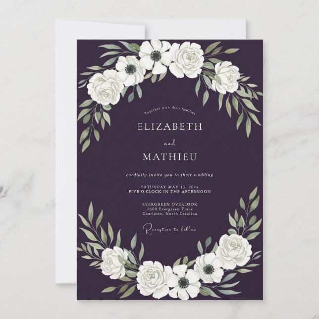 Tiefviolette Anemonen-Hochzeit Einladung (Vorderseite)