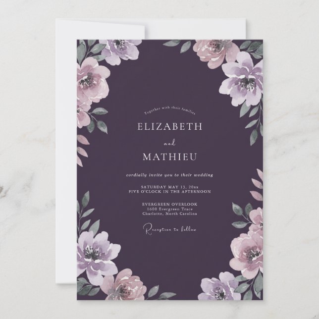Tiefviolette Bemalte Hochzeit Einladung (Vorderseite)
