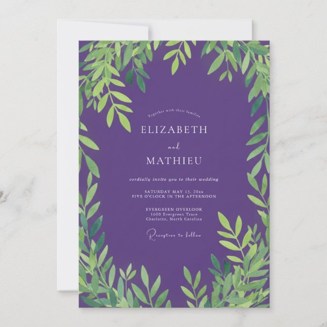 Tiefviolette Eukalyptus-Hochzeit Einladung (Vorderseite)