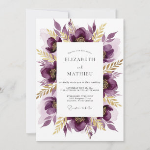 Tiefviolette malerische Blumenhochzeit Einladung
