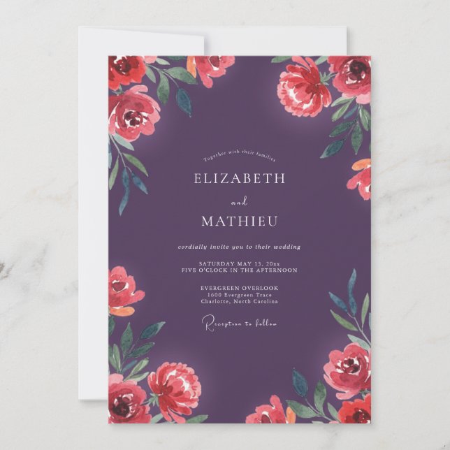 Tiefviolette Mohn-Hochzeit Einladung (Vorderseite)