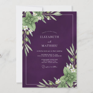 Tiefviolette Olive-Eukalyptus-Hochzeit Einladung