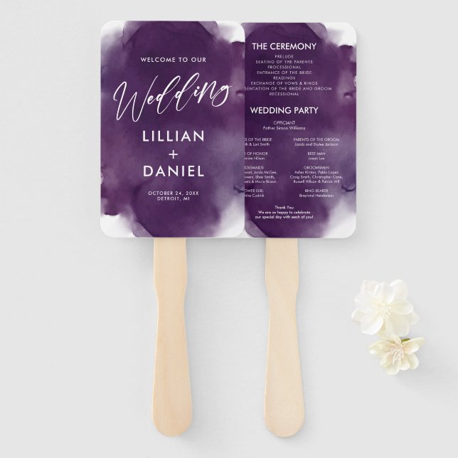 Tiefvioletter Wasserfarben-Hochzeitsprogramm-Handf Fächer (Vorne und Hinten)