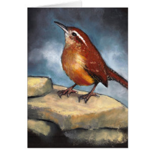 Tier-Kunst: Carolina-Zaunkönig auf Felsen: Pastell