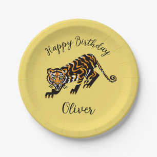 Tier - TIGER - Happy Birthday - Gelbe Papierplatte Pappteller