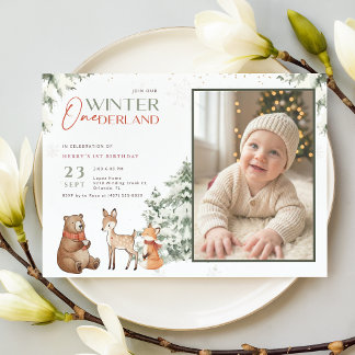 Tier Winter Onederland Kinder Foto Erster Geburtst Einladung