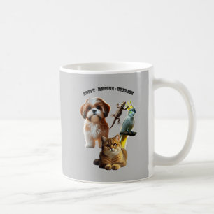 Tieradoption mit Hund, Katze, Vogel und Eidechse U Kaffeetasse