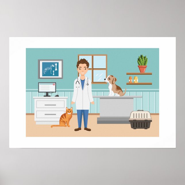 Tierarzt mit Welpen und Katze Poster (Vorne)
