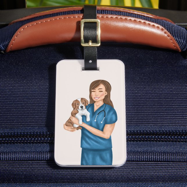 Tierarzt Tierarzt Tierärztin Tierärztin mit Welpe Gepäckanhänger (Vorderseite Insitu 2)