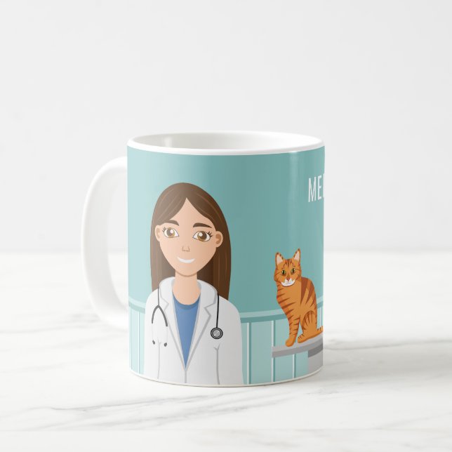 Tierärztliche Ärztin mit Katze und Hund Kaffeetasse (Vorderseite Links)