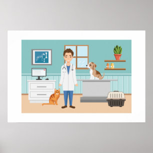 Tierarztzimmer Tierarzt Mit Welpe Und Katze Poster
