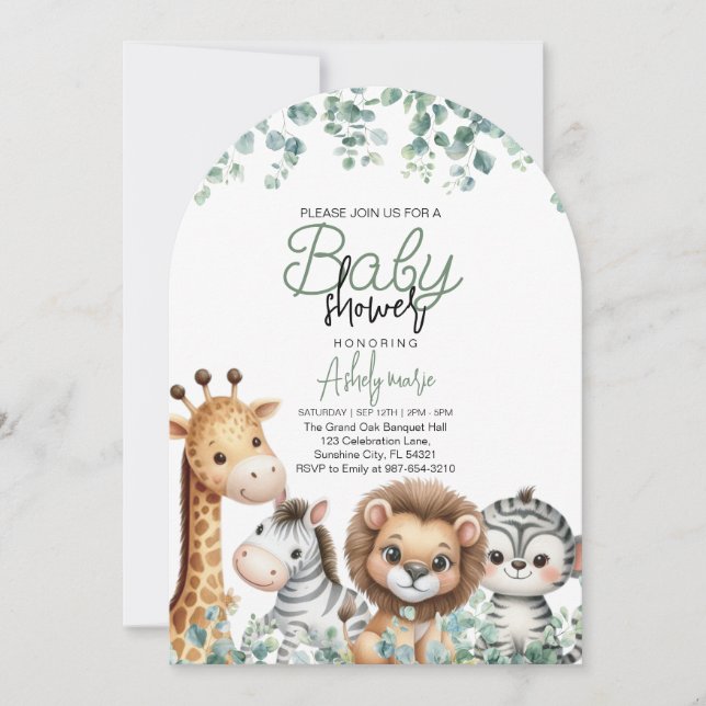 Tierbabydusche, Eukalyptus-Blume Einladung (Vorderseite)