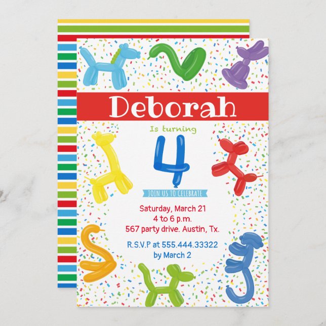 Tierballons 4. Geburtstagseinladung Einladung (Vorne/Hinten)