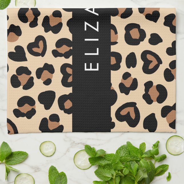 Tierdruck, Braunleopard, Herz, Ihr Name Geschirrtuch (Gefaltet)