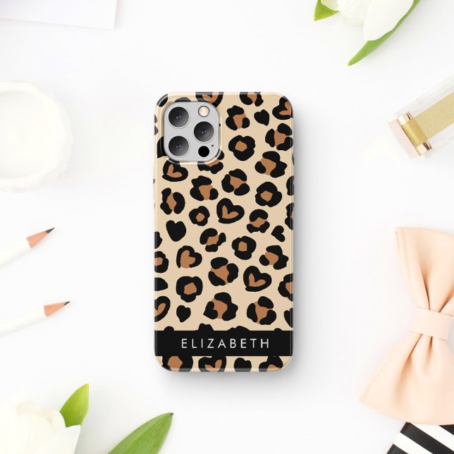 Tierdruck, Braunleopard, Herz, Ihr Name iPhone 16 Hülle (Von Creator hochgeladen)