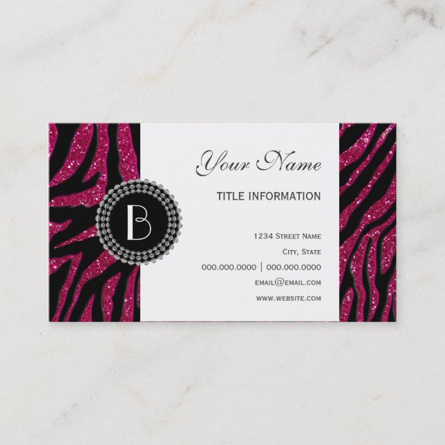 Tierdruck-Glitzerzebra-Muster und Monogramm Visitenkarte (Vorderseite)