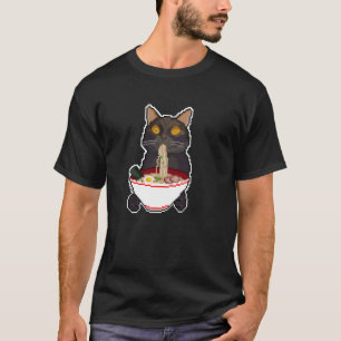 Tierdruck Japanisch Lustig Schwarze Katze Isst Ram T-Shirt
