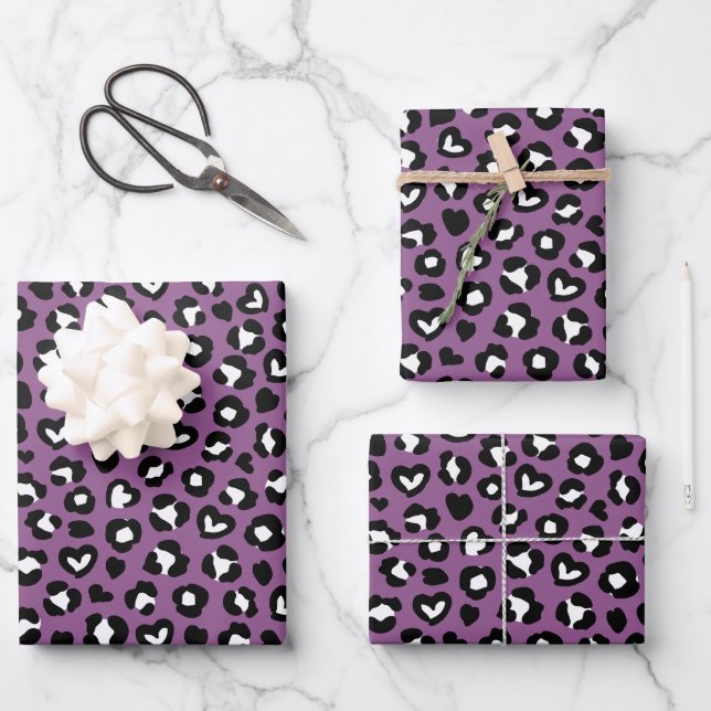 Tierdruck, Lila Leopard, Geparden, Herz Geschenkpapier Set (Vorderseite)