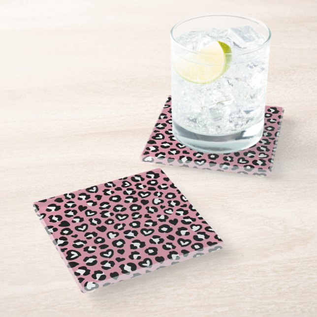 Tierdruck, rosa Leopard, Geparden, Herz Glasuntersetzer (Schrägansicht)