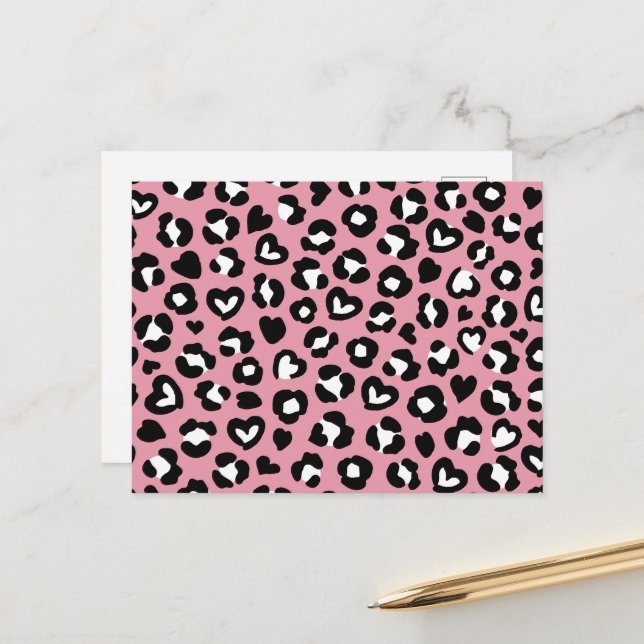 Tierdruck, rosa Leopard, Geparden, Herz Postkarte (Vorderseite/Rückseite Beispiel)