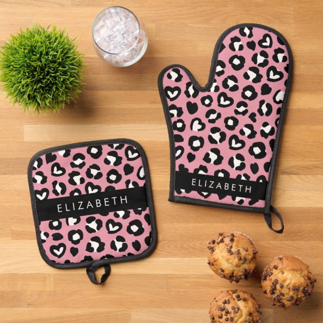 Tierdruck, rosa Leopard, Herz, Ihr Name Ofenhandschuh & Topflappen-Set (Oben Unten)