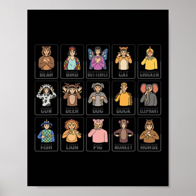 Tiere ASL Hand Gesture Tiere Gehörverlust Poster (Vorne)
