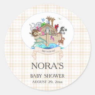 Tiere der Arche Noah Elfenbein Gingham Runder Aufkleber