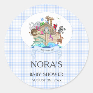 Tiere der Arche Noah in blauem Gingham Runder Aufkleber