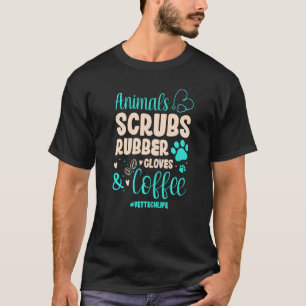 Tiere, die Gummihandschuhe und Kaffeetierschuhe un T-Shirt