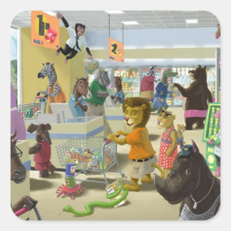 Tiere, die in einem Supermarkt einkaufen Quadratischer Aufkleber