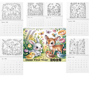 Tiere Färbkalender Schwarz-Weiß-Linienkunst Kalender