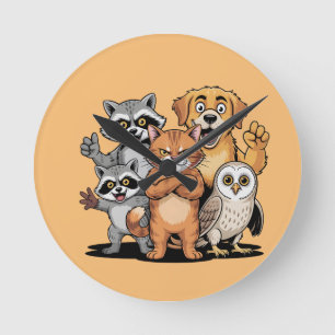 Tiere-Freunde-Team-Illustration im Cartoon-Stil Runde Wanduhr