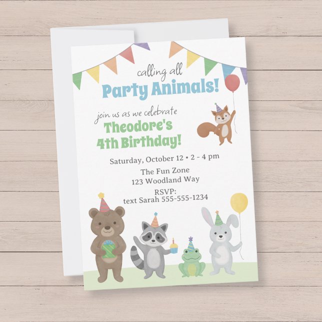 Tiere Geburtstagsfeier Einladung (Party Animals Birthday Party Invitation with forest animals wearing party hats)