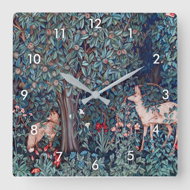Tiere im Wald, William Morris Quadratische Wanduhr (Vorderseite)