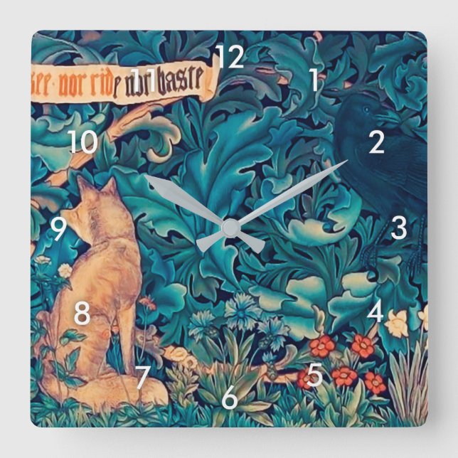 Tiere im Wald, William Morris Square Wall Quadratische Wanduhr (Vorderseite)