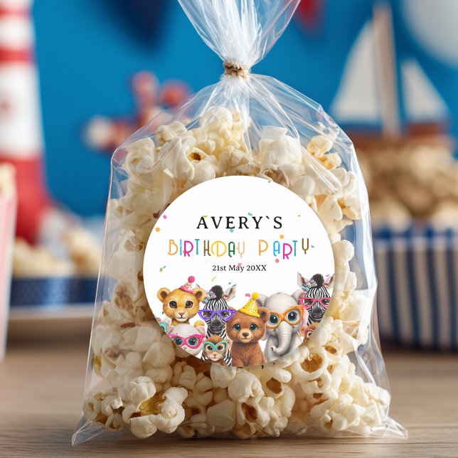 Tiere Kinder Geburtstag Runder Aufkleber (Animals Kids Birthday Round Sticker with your Name and Date)
